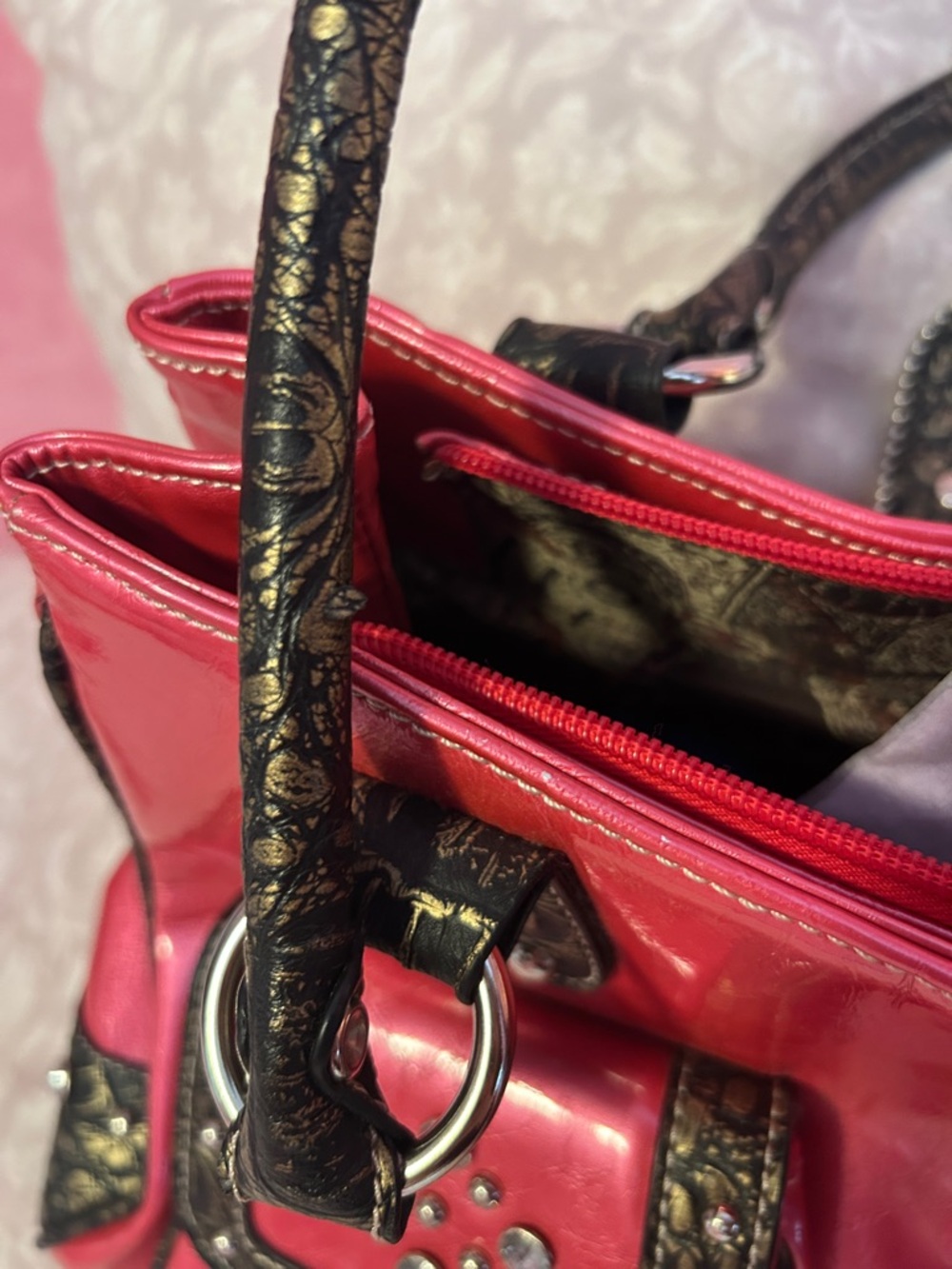 Pink Rhinestone Accent Satchel Handbag - Picture 7 of 7
